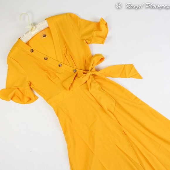 Button Up V-Neck Maxi Wrap Dress Side Tie Yellow - Picture 7 of 8